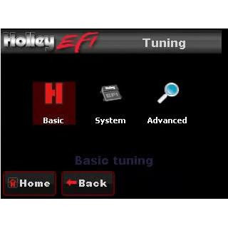 Holley Performance Parts – EFI, Intakes, & More Holley 553-108 EFI 3.5 LCD Touch Screen, digital tuning interface with menu options for Basic, System, and Advanced settings.