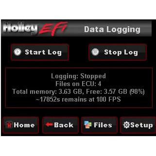 Holley Performance Parts – EFI, Intakes, & More Holley 553-108 EFI 3.5 LCD Touch Screen, close-up of the digital touch screen interface showing data logging options, start and stop log buttons, and system status information.