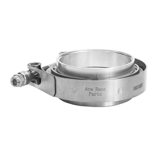 Ace 12008 3.50" Aluminum V-band Assembly, a lightweight aluminum V-band clamp with a bolt connection for secure fastening in automotive applications.