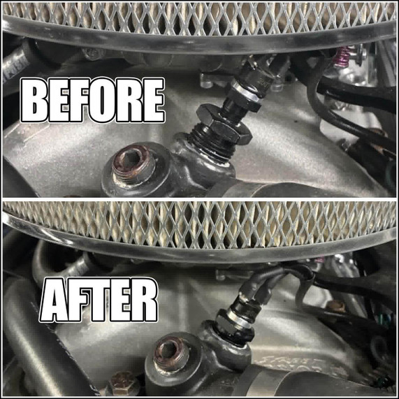 Scram Speed 190* NPT Thermal Fan Switch, before and after installation showing the thermostat switch on an engine with a metal grille cover