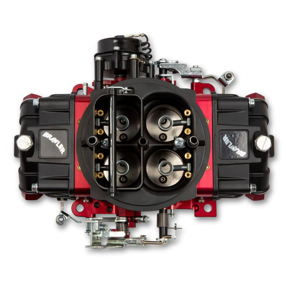 Quick Fuel Technology – Carburetors & Fuel Systems, BRAWLER CARBURETOR 650 CFM MS, top view of a high-performance red and black carburetor with four circular throttle bores and intricate fuel system components.