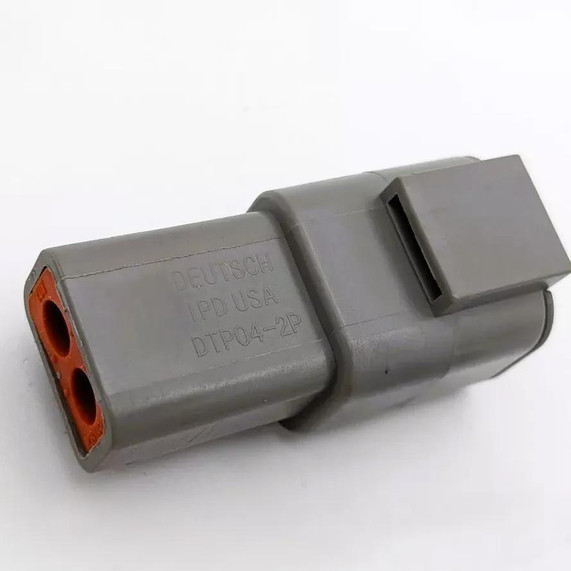 Scram Speed Deutsch DTP 2 2-Pin Connector Plug Kit 14-12 AWG GOLD Contacts, close-up view of gray electrical connector with orange contact openings.