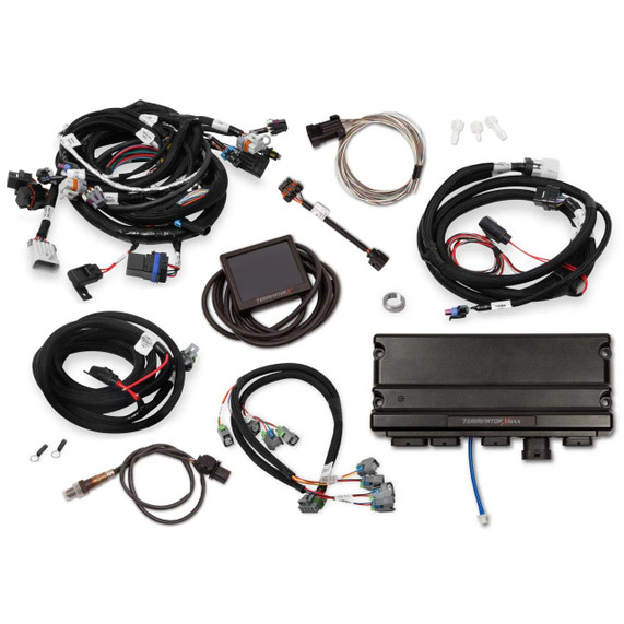Holley EFI Holley 550-917 Terminator X MAX Engine Management System, various wiring harnesses and electronic components displayed.
