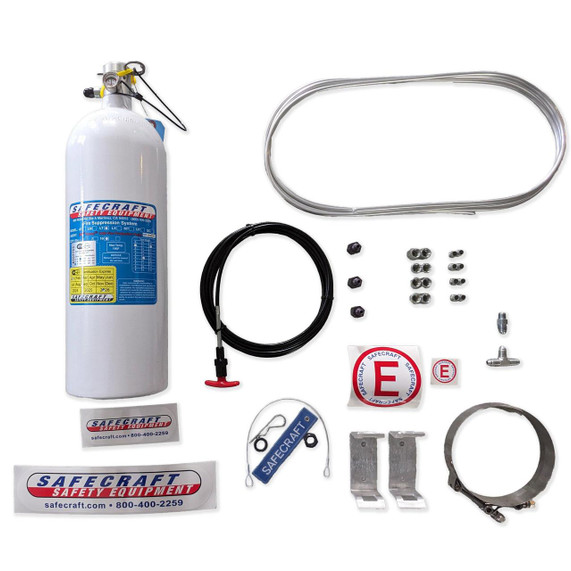 Safecraft LT10JAA 10 lb. Pull Cable Chassis Fire Protection System, complete with cylinder, pull cables, fittings, mounting brackets, and safety labels.