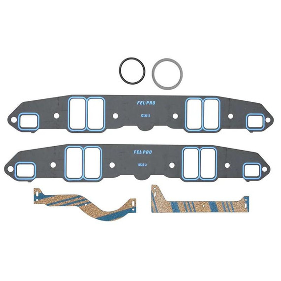 Fel Pro 1213 Intake manifold gaskets - Small Block Mopar, engine gaskets with two black rubber seals and two gasket layers with cork and blue lining.