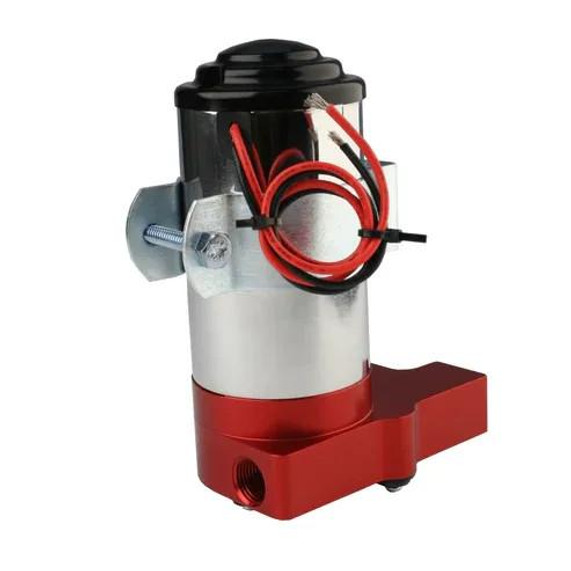 SS Series Billet (14 PSI) Carbureted Fuel Pump with 3/8 NPT ports, compact and durable design, featuring black and red accents and electrical wiring for automotive fuel systems.