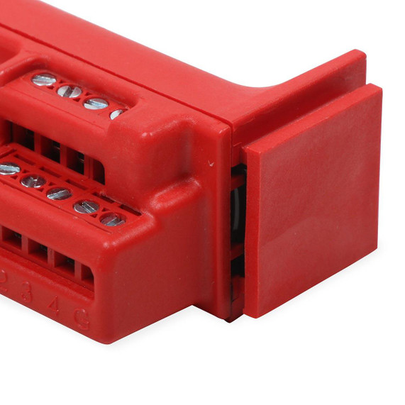 MSD 7564 Stand Alone Solid State Relay, close-up view of the red plastic enclosure with terminal connectors and numbered labels.