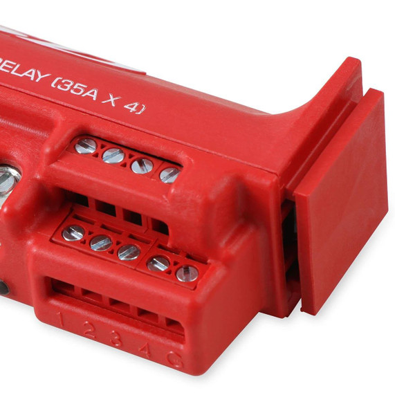 MSD 7564-HC High-Current Solid-State Relay 35A, Red, close-up view showing electrical terminals and orange casing with specifications.