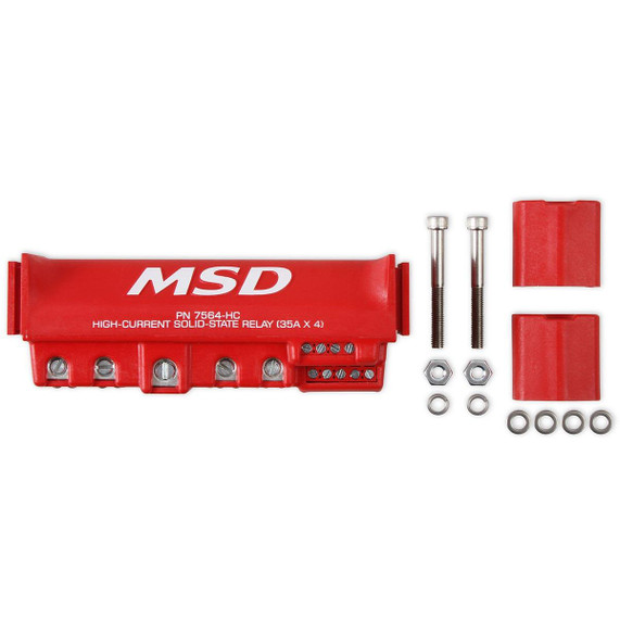 MSD 7564-HC High-Current Solid-State Relay 35Ax4, Red, with mounting hardware and accessories for industrial electrical applications.