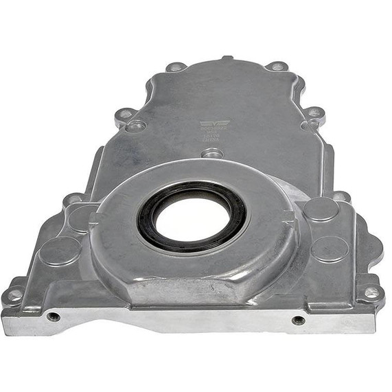 Dorman GM 12561243 GEN 3 FRONT TIMING COVER, automotive engine timing cover in metallic finish with circular opening and bolt holes