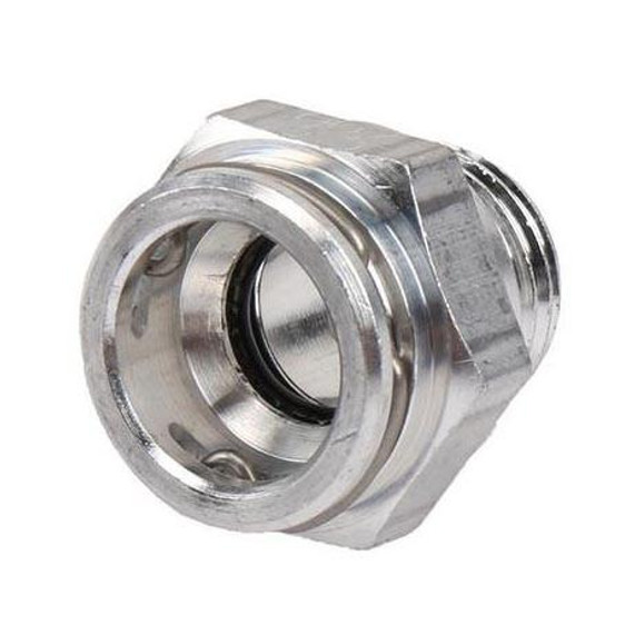 GM Performance GM 19210848 Transmission Fluid Cooler Line Connector, metallic cylindrical automotive part with a black rubber seal inside.