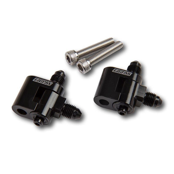 Earls Holley LS9808ERL LS Steam Vent Adapters -3 Dual Out, black and silver steam vent adapters with mounting screws for automotive use.