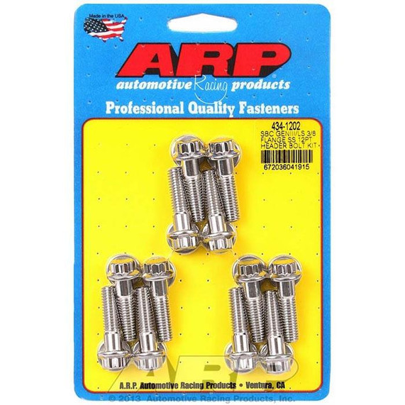 ARP 434-1202 Stainless LS Header Bolts, automotive fasteners displayed on blue and yellow packaging card.