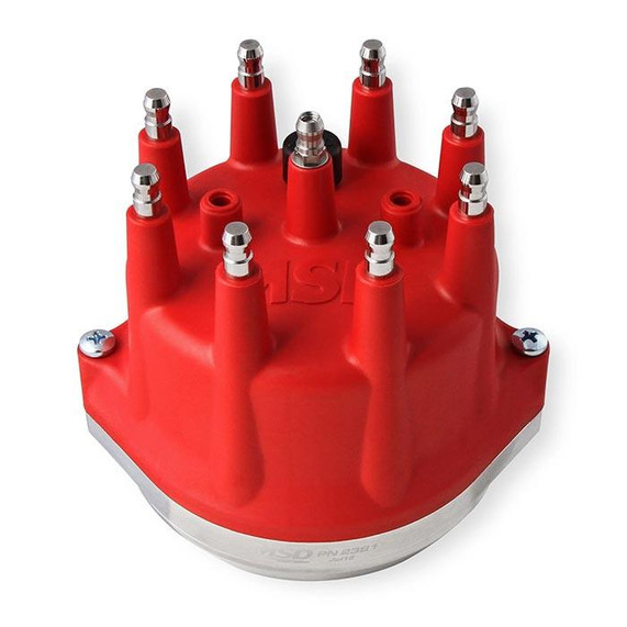MSD 2381 Chrysler 318-360 Dual Sync Distributor, red ignition distributor with multiple connection points and mounting screws.