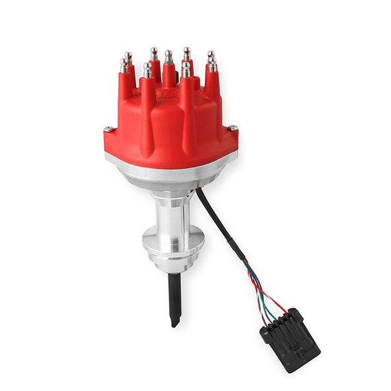MSD 2381 Chrysler 318-360 Dual Sync Distributor, red and silver automotive distributor with electrical wiring.