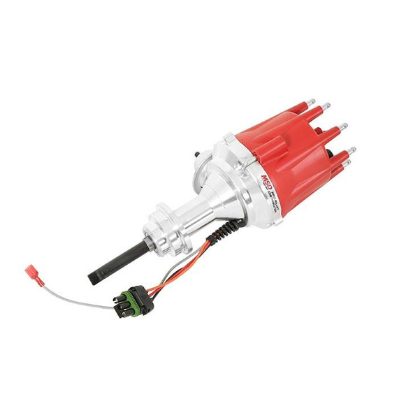 MSD 8388 Chrysler 318-360 Ready-to-Run Distributor, high-performance automotive ignition distributor with red cap and silver body for Chrysler 318-360 engines