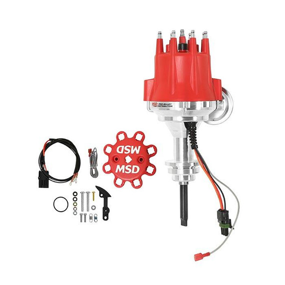MSD 8388 Chrysler 318-360 Ready-to-Run Distributor, automotive ignition distributor with red top and rotors, including installation accessories and wiring.