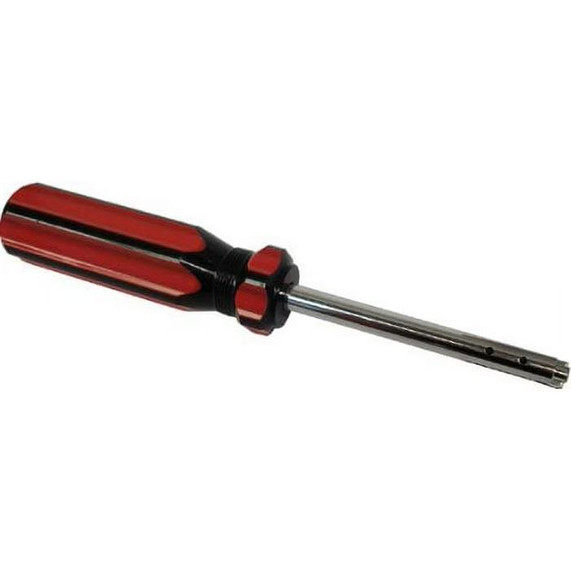 Scram Speed 67469 Carburetor Jet Removal Tool, red and black screwdriver with a long metal shaft for precise jet removal.