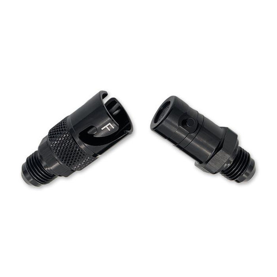 Scram Speed -6AN Dry break quick disconnect fitting, black metal, single unit with male and female ends for automotive or racing fluid transfer applications.