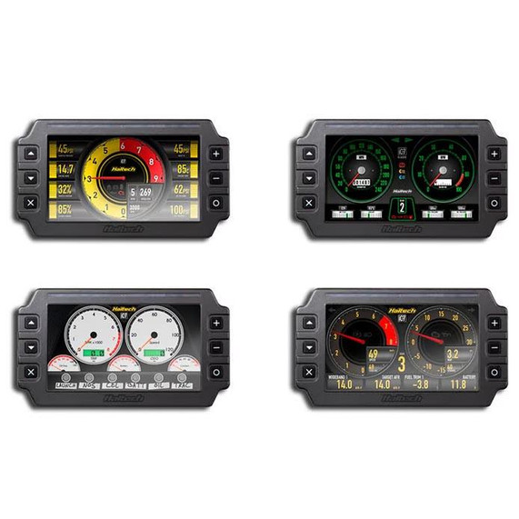 Haltech HT-067010 iC-7 Digital Dash Kit 7 inch, automotive digital dashboard display screens with multiple gauges and settings.