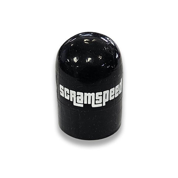 Scram Speed Reinforced Silicone Bypass and Boost Cap, black silicone automotive part with white Scram Speed logo on it.