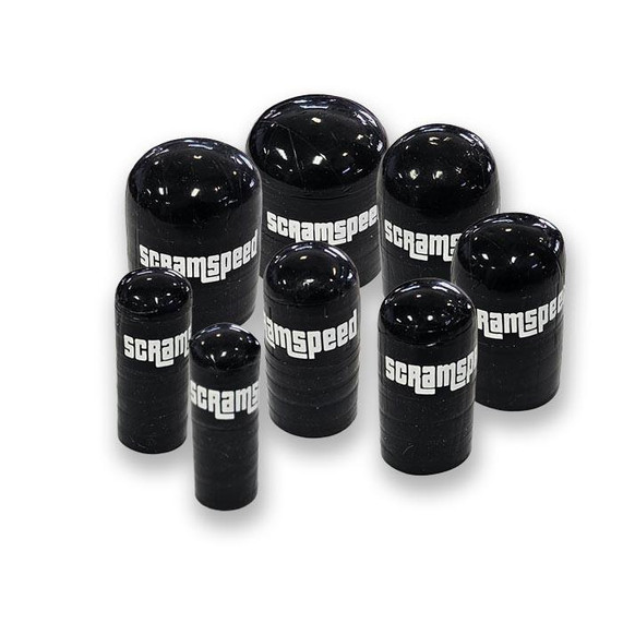Scram Speed Reinforced Silicone Bypass and Boost Cap, set of black silicone caps with white logo for automotive boost control.