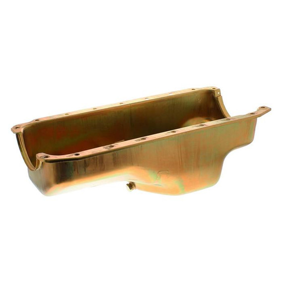 Milodon 30755 Small Block Mopar Stock Oil Pan, automotive engine oil pan in metallic gold finish.