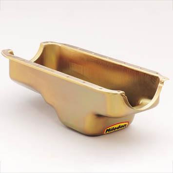 Milodon 30755 Small Block Mopar Stock Oil Pan, image showing a gold-colored engine oil pan with a black and yellow Milodon logo on the side.