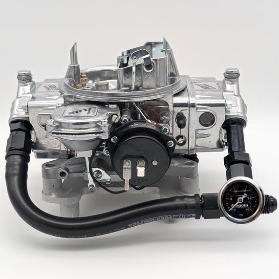 Scram Speed Dual Inlet Fuel Feed Line -8 AN with gauge for Holley 4160 Carburetor, fuel feed line with built-in pressure gauge and fittings for high-performance carburetor fuel system.