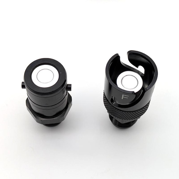 Scram Speed -8AN Dry break quick disconnect fitting (single), black metal automotive quick disconnect fitting for fluid transfer.