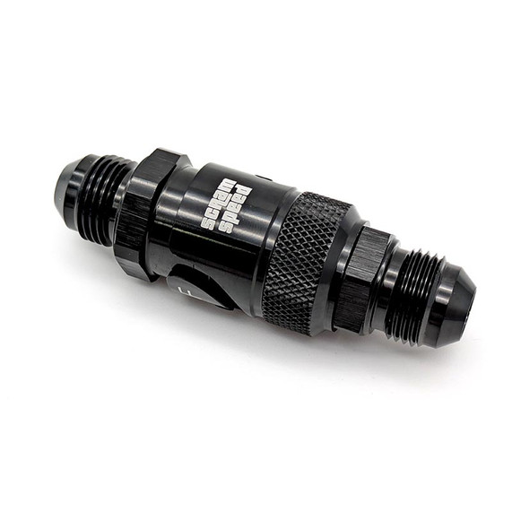 Scram Speed -8AN Dry break quick disconnect fitting (single), black metal automotive quick disconnect fitting for fluid transfer.