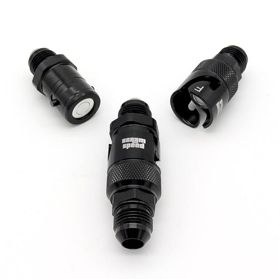 Scram Speed -8AN Dry break quick disconnect fittings, pair of black metal quick disconnect fittings with threaded ends and knurled locking rings for automotive or racing applications.