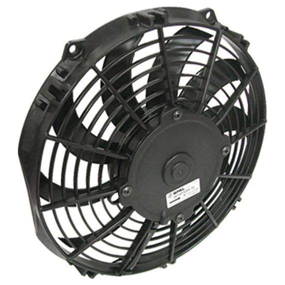 SPAL 30100435 10IN PULLER FAN CURVED BLADE 802 CFM, black plastic industrial cooling fan with curved blades and protective grille.