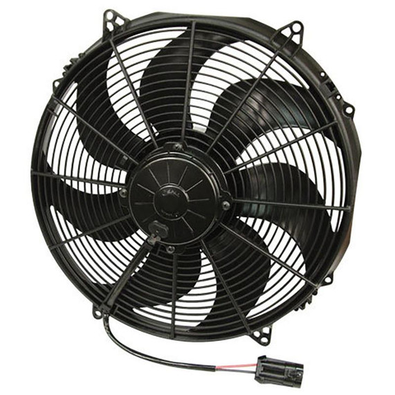 SPAL 30102803 16IN PULLER FAN CURVED BLADE 1953 CFM, black industrial cooling fan with curved blades and protective grille.
