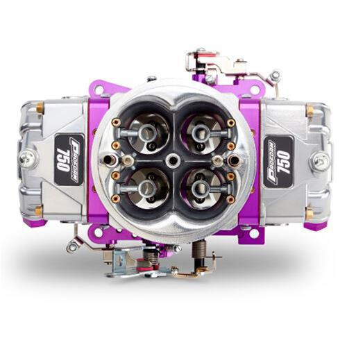 Proform 67200 Race Series 750 CFM Carburetor, view of the high-performance automotive carburetor with four circular fuel chambers and metallic silver and purple finish.