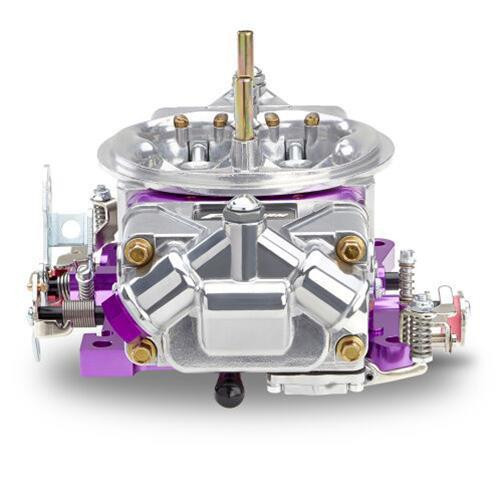 Proform 67202 Race Series 950 CFM MECH SEC Carburetor, a high-performance automotive carburetor with a metallic finish, featuring multiple adjustment screws, purple accents, and a central throttle mechanism.