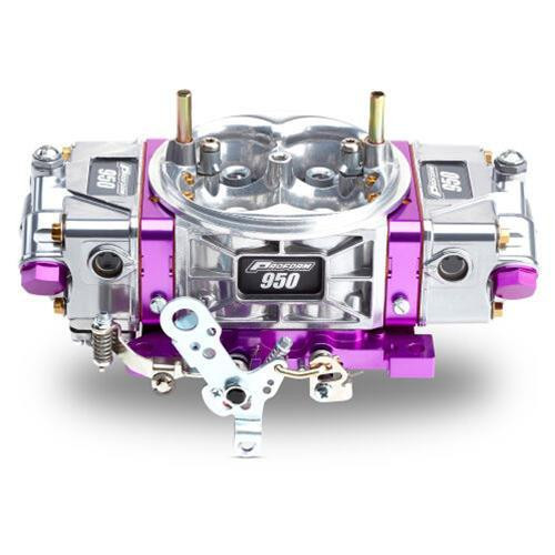 Proform 67202 Race Series 950 CFM MECH SEC Carburetor, a high-performance automotive carburetor with purple accents and metallic silver finish, featuring dual throttle linkages and precise control components.