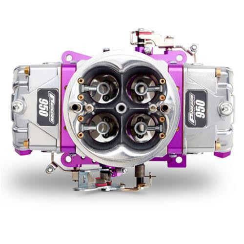 Proform 67202 Race Series 950 CFM MECH SEC Carburetor, race car throttle body with four intake openings and metallic silver and purple finish, featuring multiple adjustment screws and mounting points for performance automotive applications.