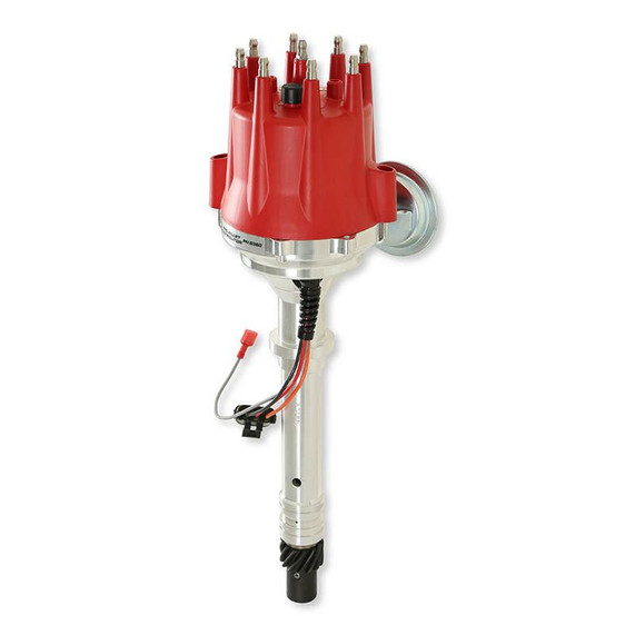MSD 8360 Distributor for SBC/BBC Pro-Billet Ready to Run, red distributor cap with multiple ignition wires and metallic base for automotive engine.