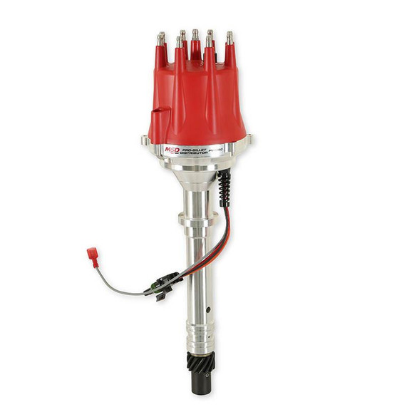 MSD 8360 Distributor for SBC/BBC Pro-Billet Ready to Run, automotive distributor with red cap and ignition wires.