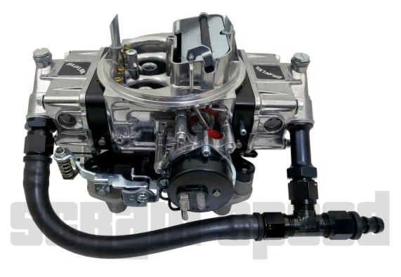 Scram Speed Dual Inlet Fuel Feed Line -8 AN with gauge for Holley 4150 carburetors, showing a high-performance fuel delivery system with fuel lines.