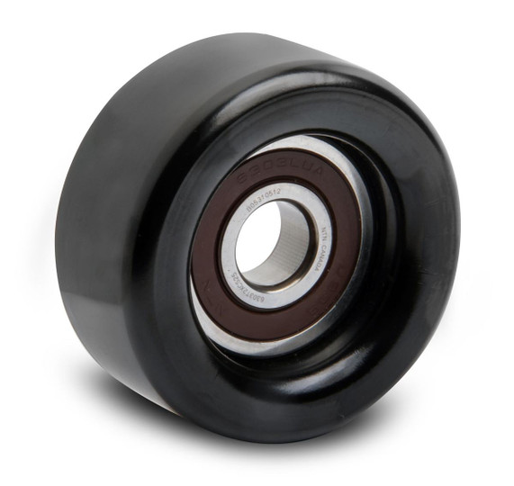 Holley Performance Parts – EFI, Intakes, & More Holley LS Accessory System - Idler Pulley (smooth), close-up image of a black smooth idler pulley with a central bearing.
