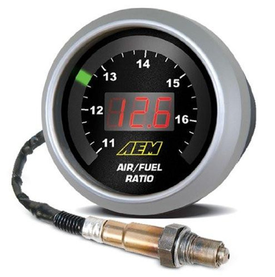 AEM Digital UEGO Wideband Air/Fuel Gauge, digital car gauge with a black face, red LED display, and green indicator light, used for measuring air/fuel ratio in vehicles.