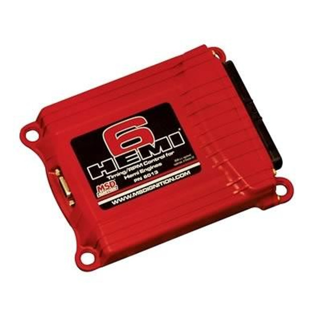 MSD 6-HEMI Ignition Controller, red circuit box for HEMI engine ignition control with black label and multiple connection ports.