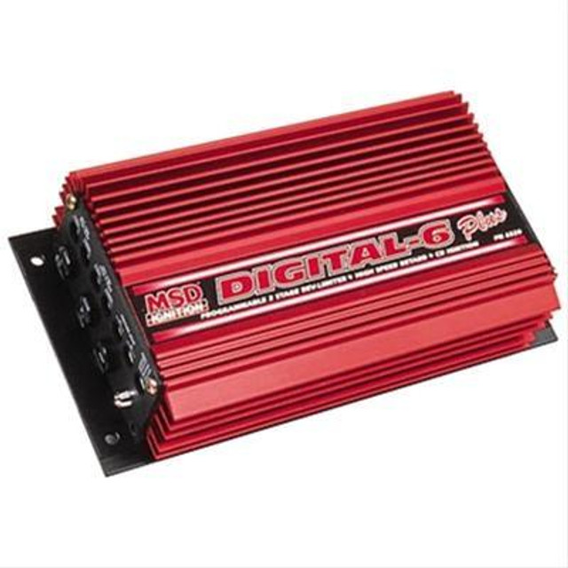 MSD 6520 Digital 6-Plus Ignition Control Box, red and black electronic ignition module with mounting brackets and cooling fins.