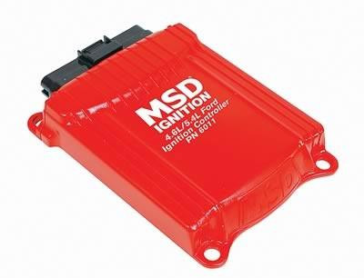 MSD-6011 6-MOD Ford Modular Engine Controller, red electronic control module with black connector and white labeling.
