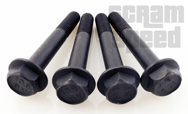 Scram Speed Ford Coyote 5.0 4.6 5.4 Modular Engine Stand Bolt Kit, image showing four black bolts with threaded ends and hexagonal heads for engine maintenance and assembly.