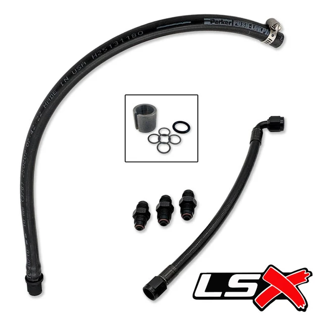Scram Speed 79-97 Mustang LS Swap Power Steering Hose and Pressure Reduction Kit LSX LS1 LS6 with black hoses, metal fittings, and included fittings and washers for engine boost management.
