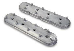 Holley Performance Parts – EFI, Intakes, & More VALVE COVER, LS NATURAL CAST FINISH, a pair of natural cast aluminum valve covers with multiple bolt holes for LS engine compatibility.