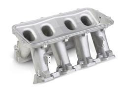 Holley Performance Parts – EFI, Intakes, & More CARBURETED HI-RAM BASE ONLY, image of a carbureted Hi-Ram intake base in silver color.